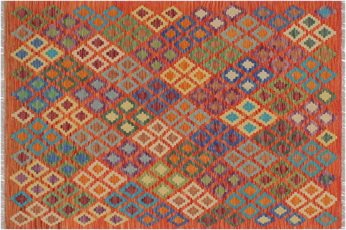 handmade Geometric Kilim Rust Blue Hand-Woven RECTANGLE 100% WOOL area rug 5x6