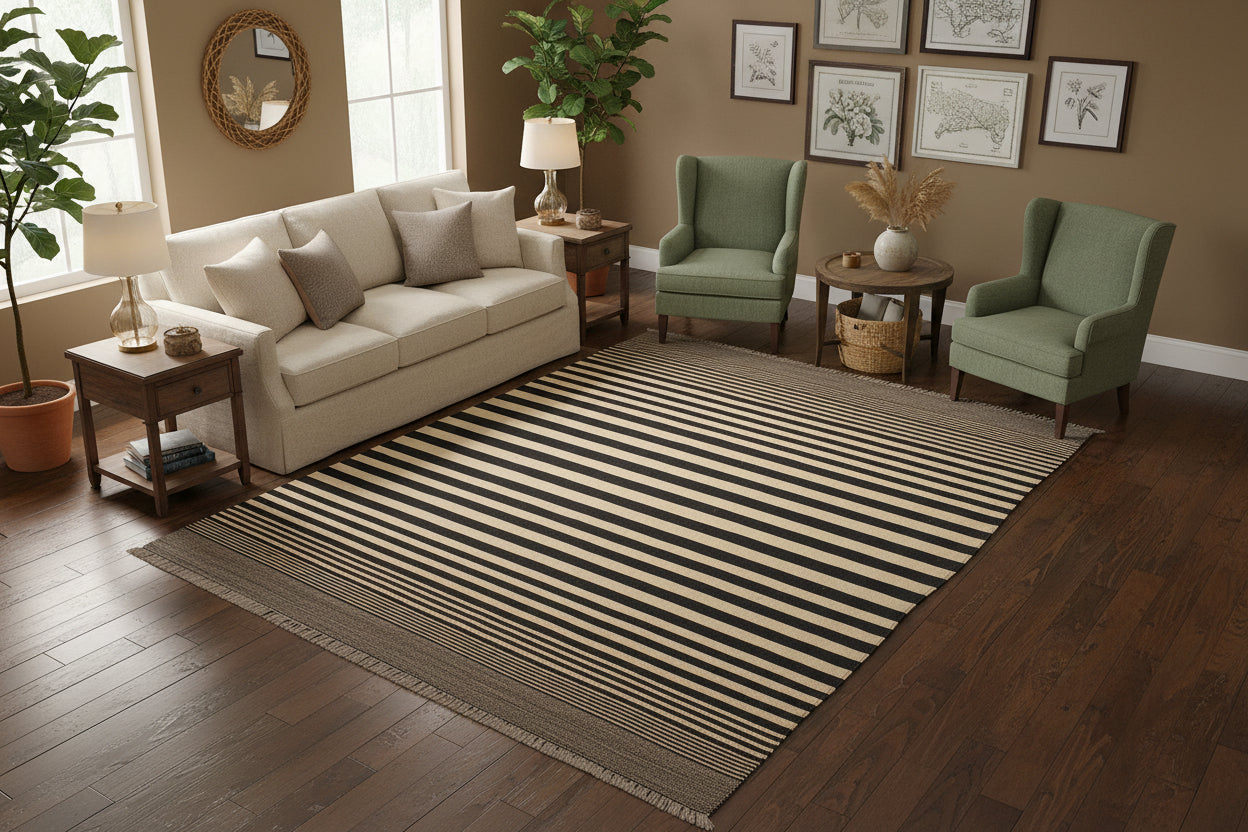 handmade Modern Kilim Beige Black Hand-Woven RECTANGLE 100% WOOL area rug 6 x 8