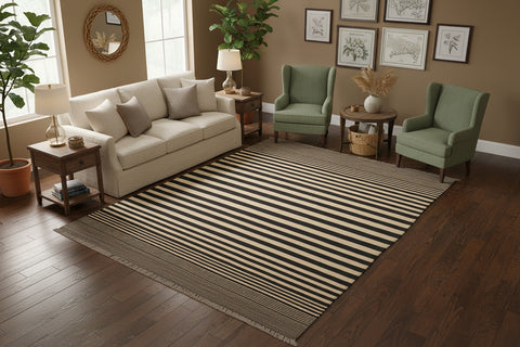 handmade Modern Kilim Beige Black Hand-Woven RECTANGLE 100% WOOL area rug 6 x 8