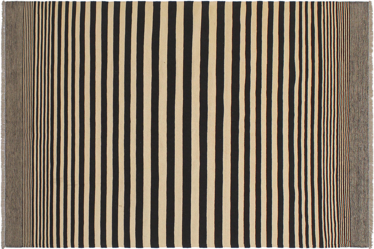handmade Modern Kilim Beige Black Hand-Woven RECTANGLE 100% WOOL area rug 6 x 8