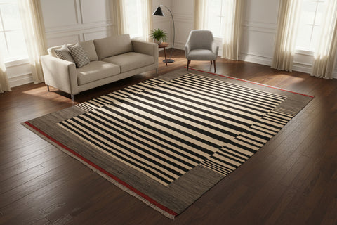 handmade Modern Kilim Beige Black Hand-Woven RECTANGLE 100% WOOL area rug 6 x 8