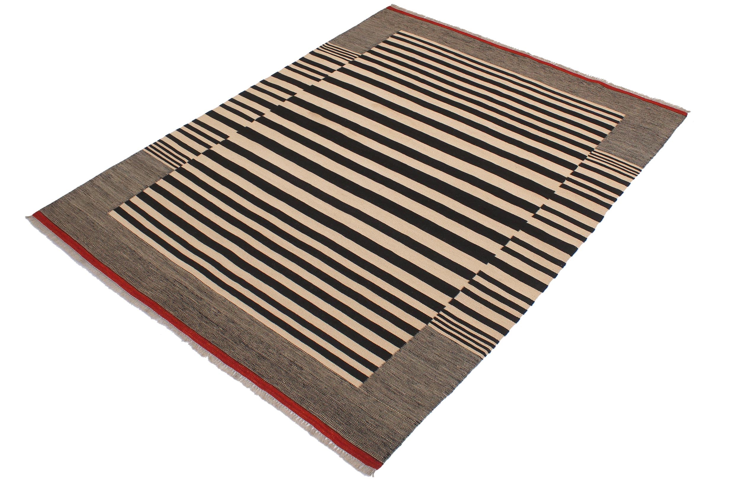 handmade Modern Kilim Beige Black Hand-Woven RECTANGLE 100% WOOL area rug 6 x 8