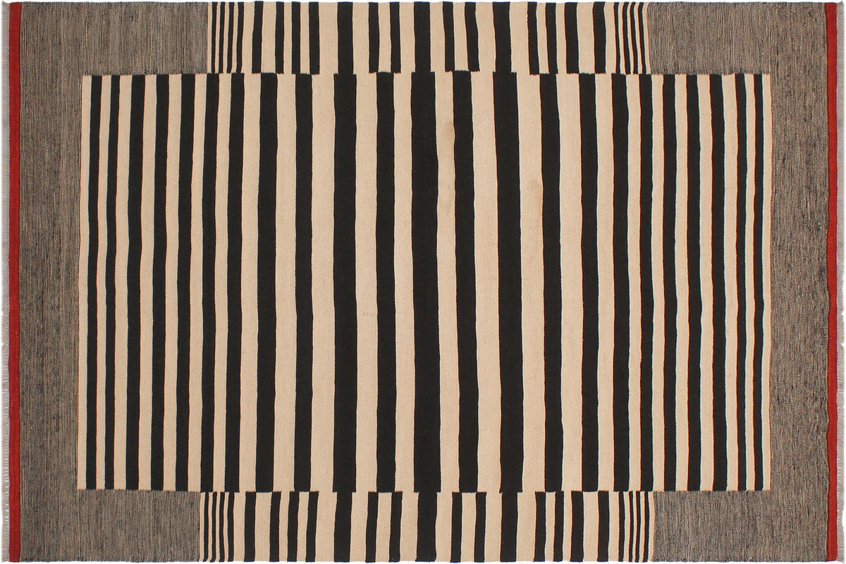 handmade Modern Kilim Beige Black Hand-Woven RECTANGLE 100% WOOL area rug 6 x 8