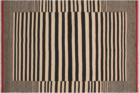 handmade Modern Kilim Beige Black Hand-Woven RECTANGLE 100% WOOL area rug 6 x 8