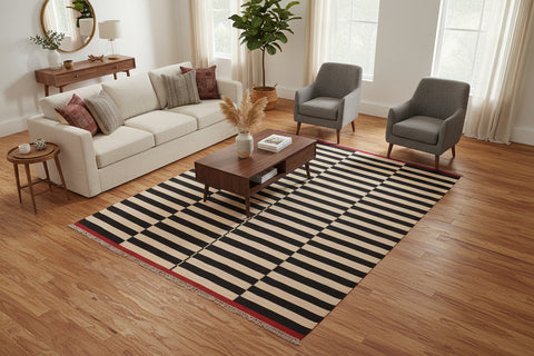 handmade Modern Kilim Beige Black Hand-Woven RECTANGLE 100% WOOL area rug 6 x 8
