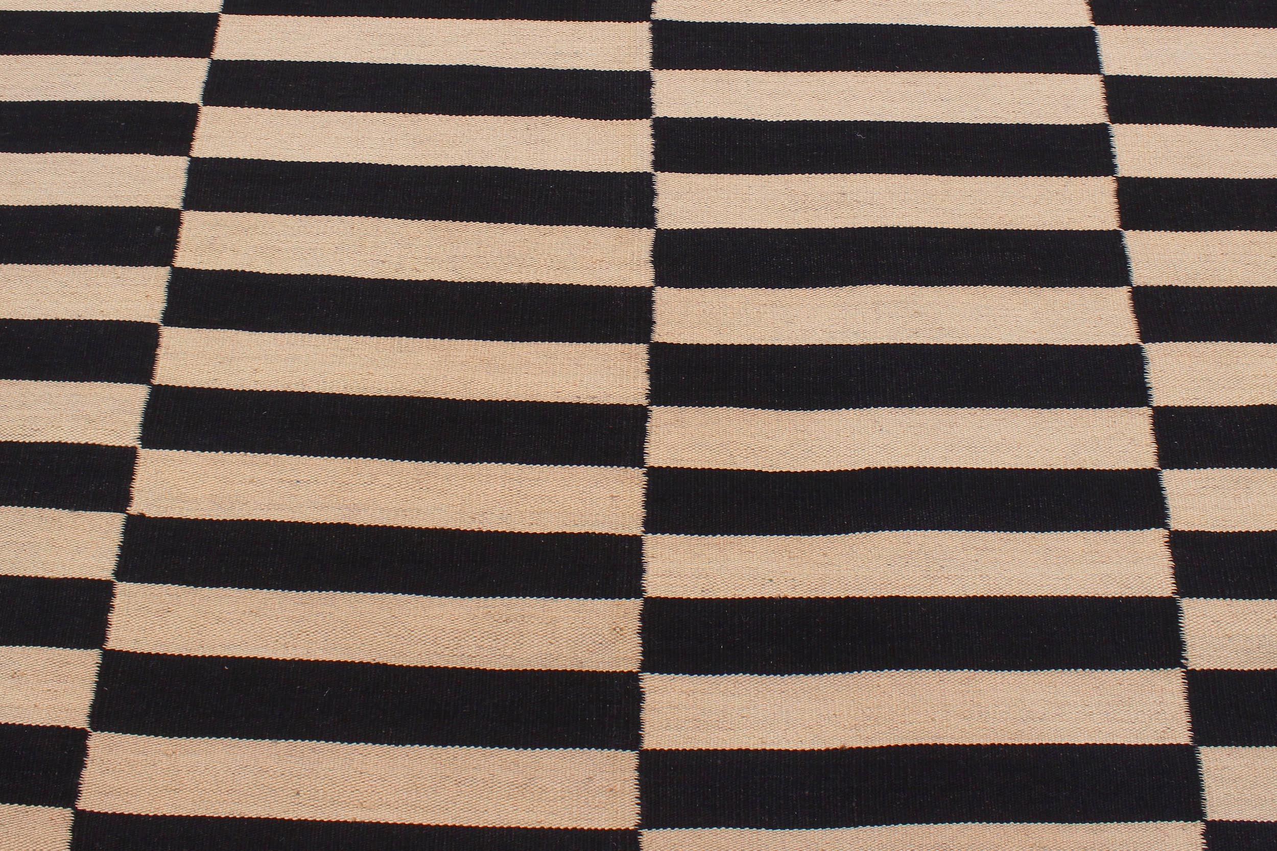 handmade Modern Kilim Beige Black Hand-Woven RECTANGLE 100% WOOL area rug 6 x 8