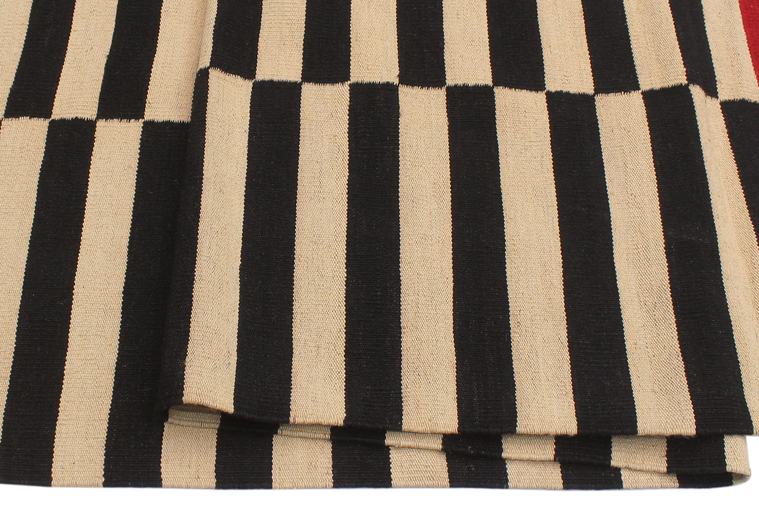 handmade Modern Kilim Beige Black Hand-Woven RECTANGLE 100% WOOL area rug 6 x 8