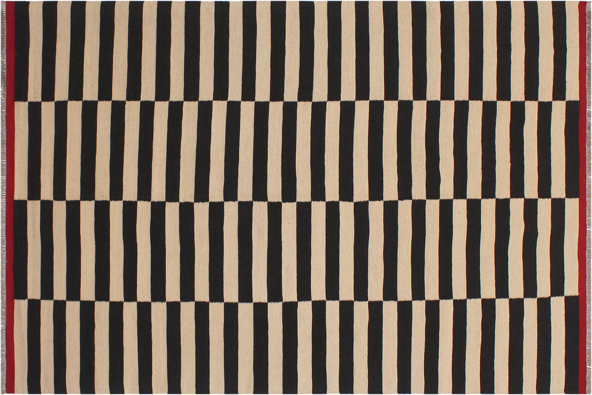 handmade Modern Kilim Beige Black Hand-Woven RECTANGLE 100% WOOL area rug 6 x 8