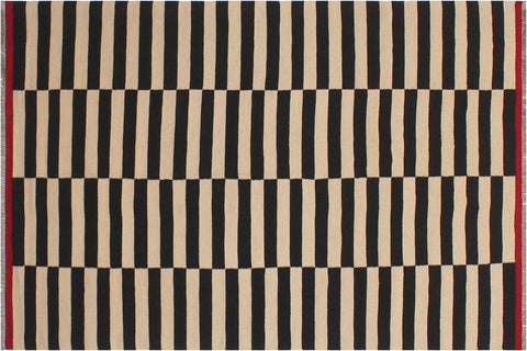 handmade Modern Kilim Beige Black Hand-Woven RECTANGLE 100% WOOL area rug 6 x 8