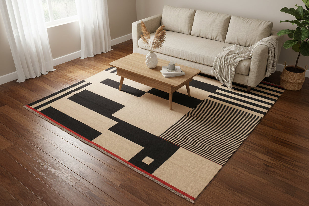 handmade Modern Kilim Beige Black Hand-Woven RECTANGLE 100% WOOL area rug 6 x 8