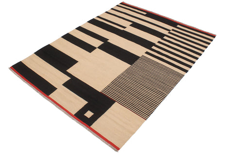handmade Modern Kilim Beige Black Hand-Woven RECTANGLE 100% WOOL area rug 6 x 8
