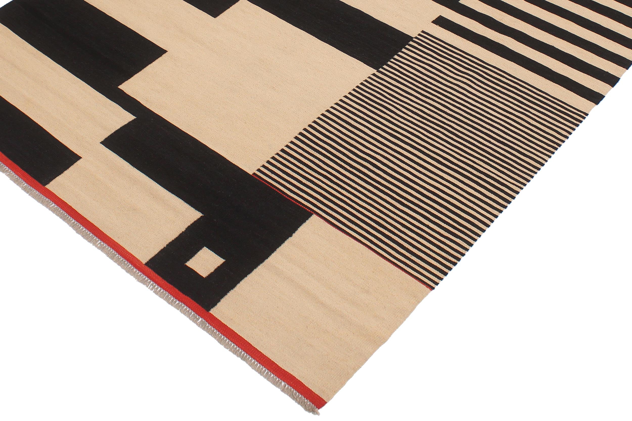 handmade Modern Kilim Beige Black Hand-Woven RECTANGLE 100% WOOL area rug 6 x 8