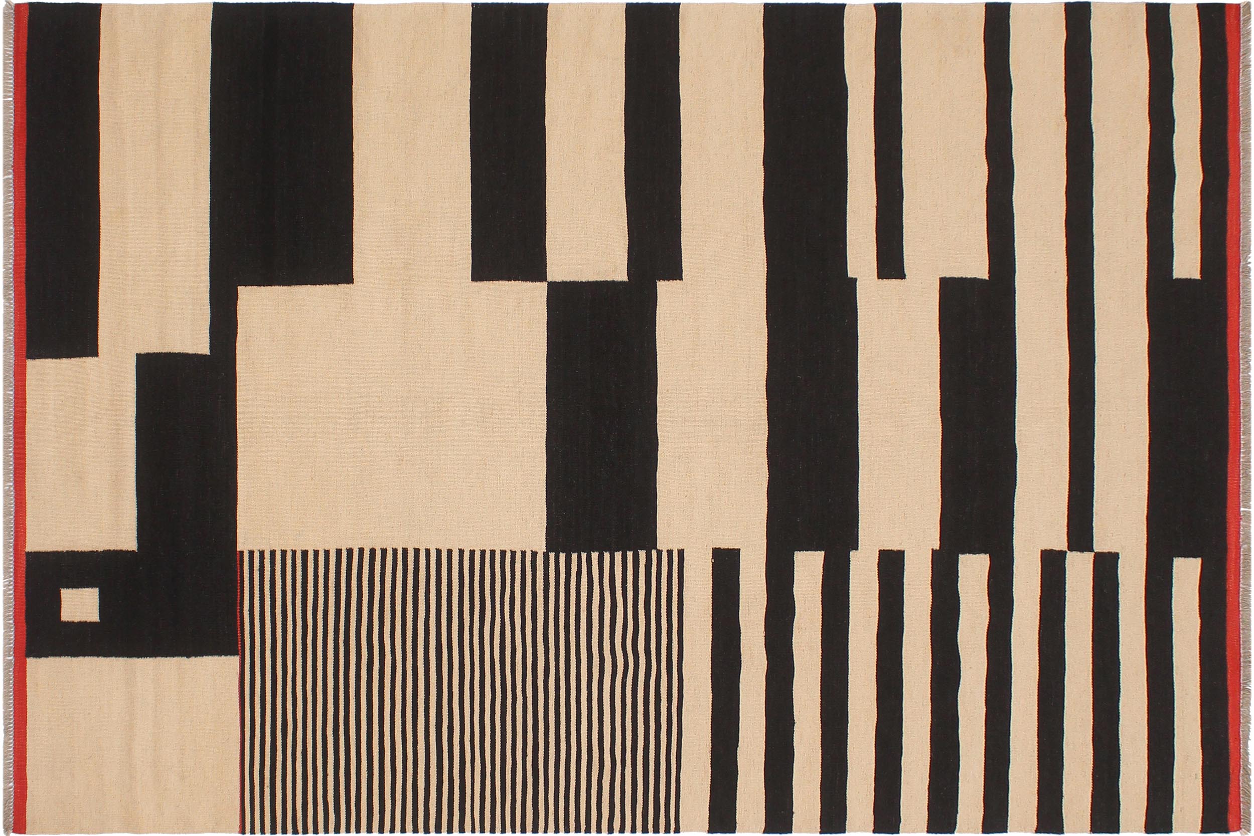 handmade Modern Kilim Beige Black Hand-Woven RECTANGLE 100% WOOL area rug 6 x 8