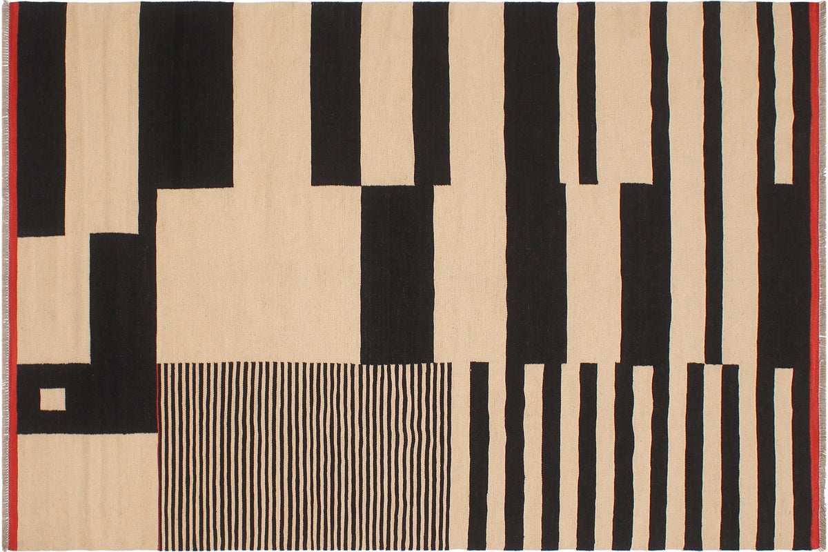 handmade Modern Kilim Beige Black Hand-Woven RECTANGLE 100% WOOL area rug 6 x 8