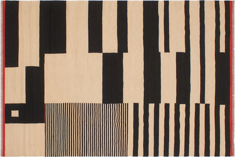 handmade Modern Kilim Beige Black Hand-Woven RECTANGLE 100% WOOL area rug 6 x 8