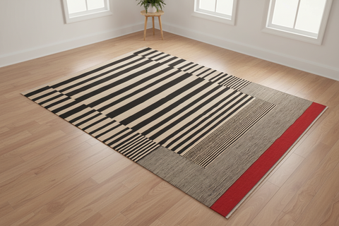 handmade Modern Kilim Beige Black Hand-Woven RECTANGLE 100% WOOL area rug 6x8