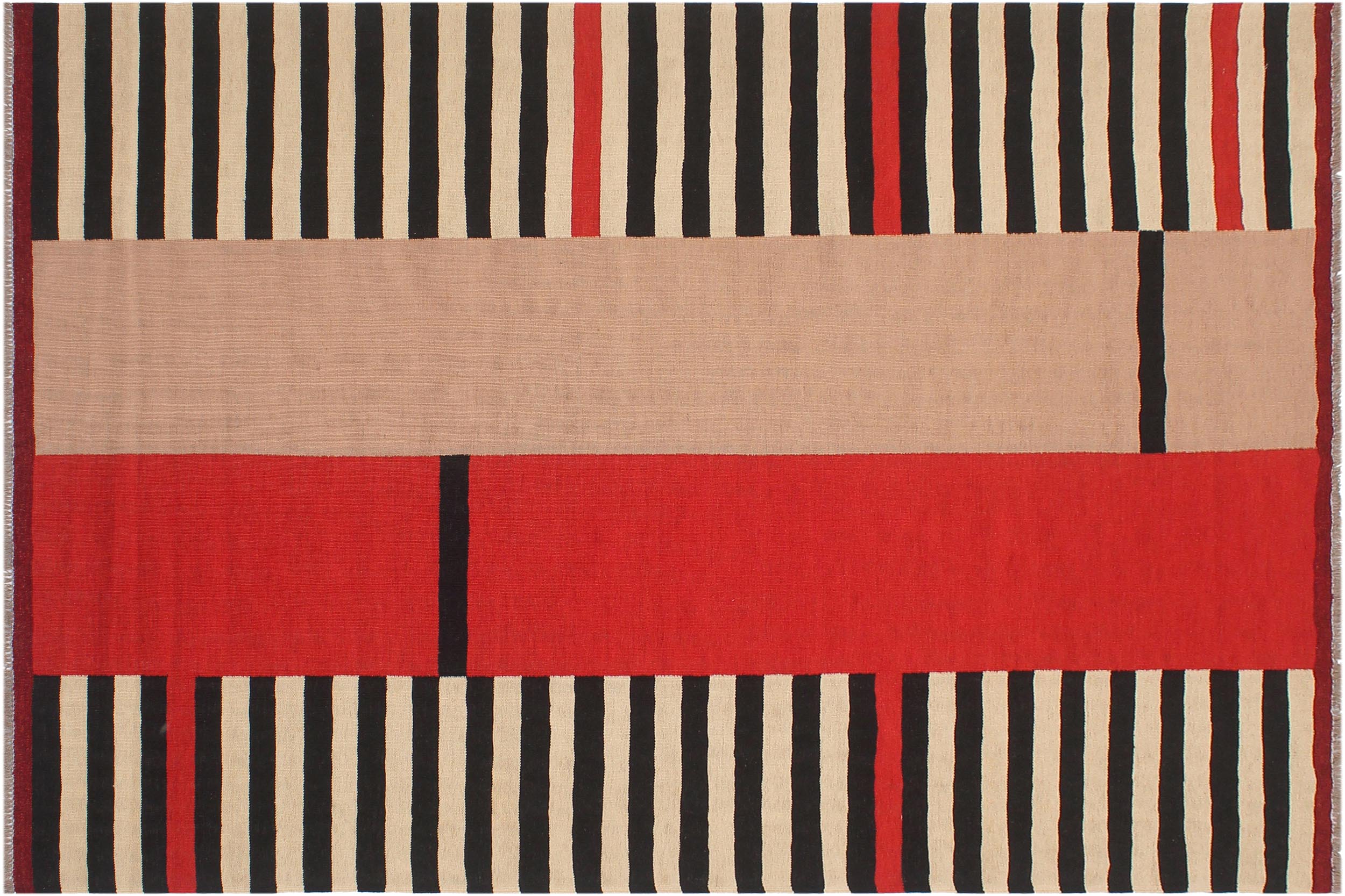 handmade Modern Kilim Beige Black Hand-Woven RECTANGLE 100% WOOL area rug 6x8