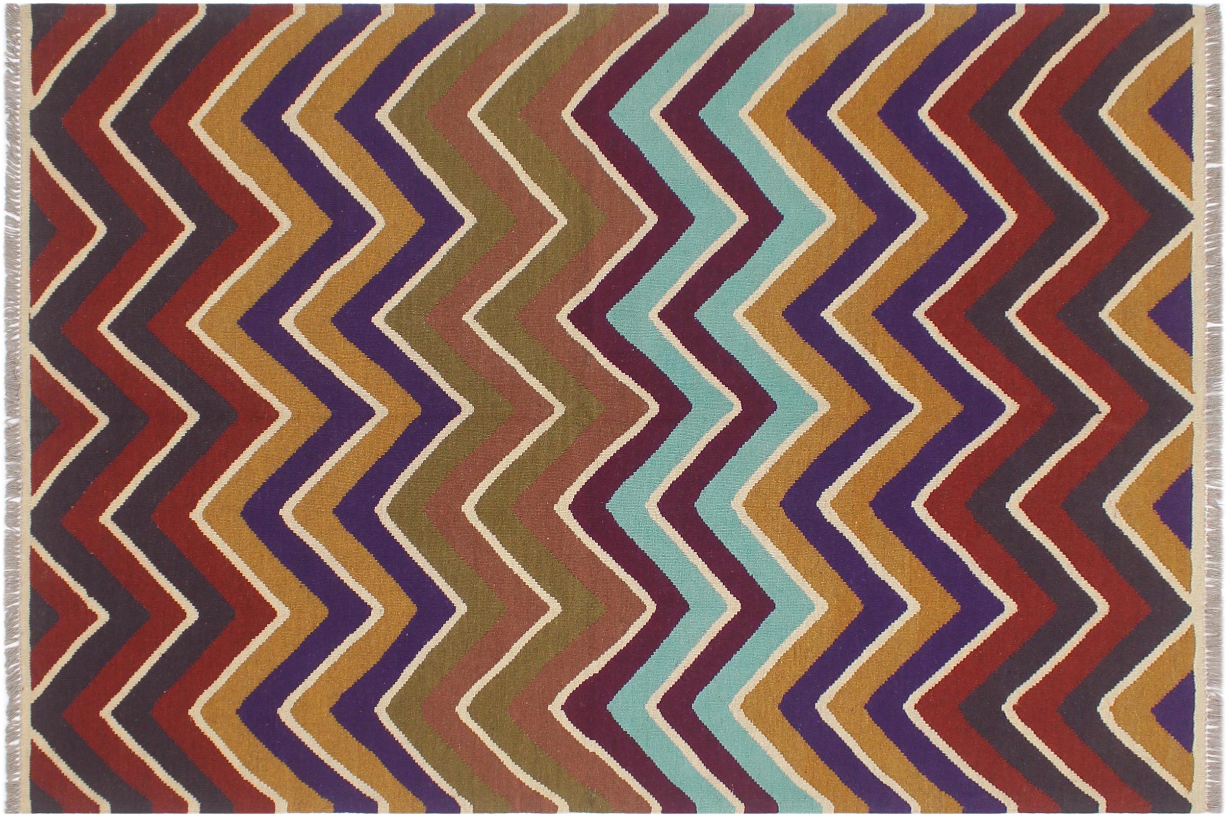 handmade Modern Kilim Blue Beige Hand-Woven RECTANGLE 100% WOOL area rug 5x7