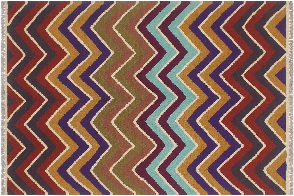 handmade Modern Kilim Blue Beige Hand-Woven RECTANGLE 100% WOOL area rug 5x7