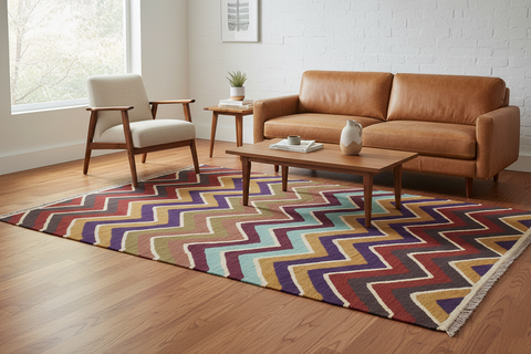 handmade Modern Kilim Blue Beige Hand-Woven RECTANGLE 100% WOOL area rug 5x7