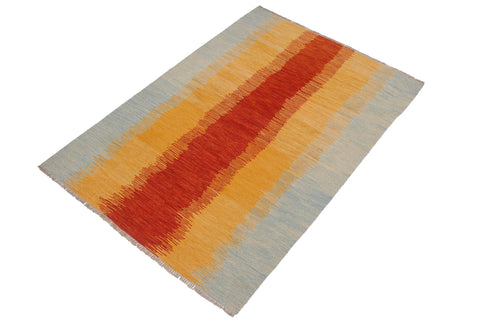 handmade Modern Kilim Rust Blue Hand-Woven RECTANGLE 100% WOOL area rug 5x7