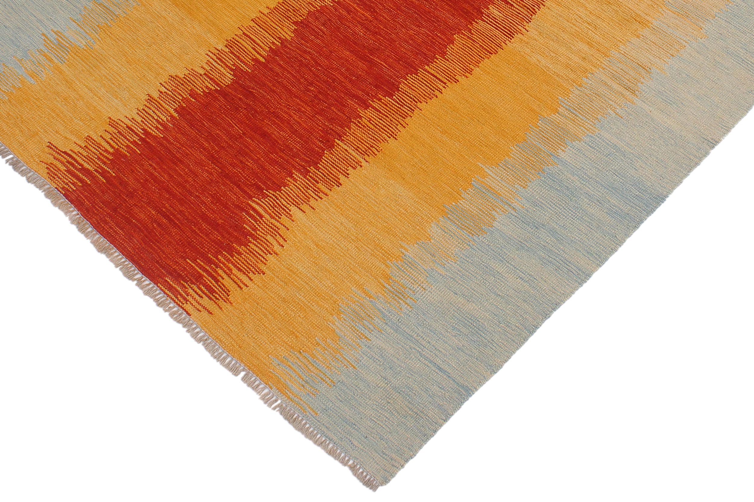 handmade Modern Kilim Rust Blue Hand-Woven RECTANGLE 100% WOOL area rug 5x7