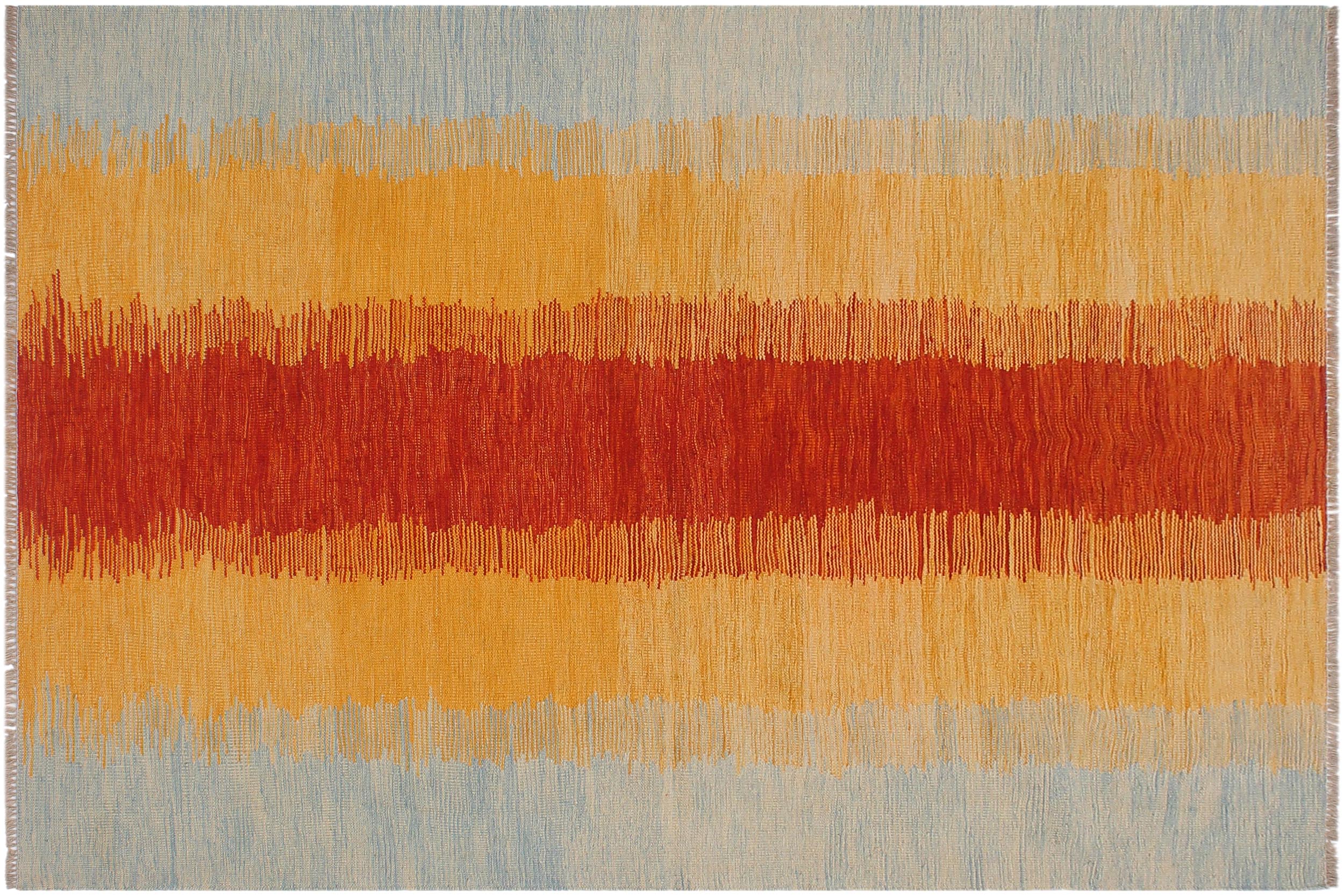 handmade Modern Kilim Rust Blue Hand-Woven RECTANGLE 100% WOOL area rug 5x7