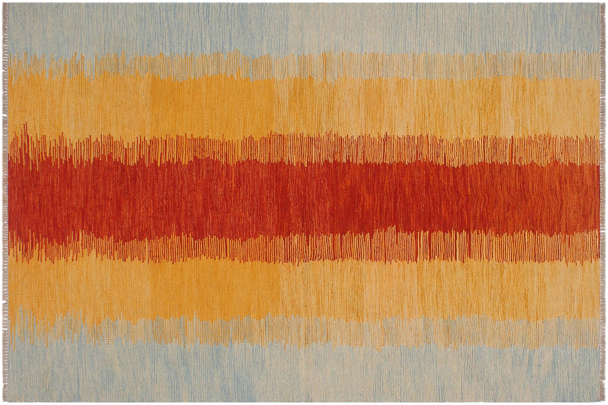 handmade Modern Kilim Rust Blue Hand-Woven RECTANGLE 100% WOOL area rug 5x7