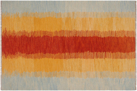 handmade Modern Kilim Rust Blue Hand-Woven RECTANGLE 100% WOOL area rug 5x7