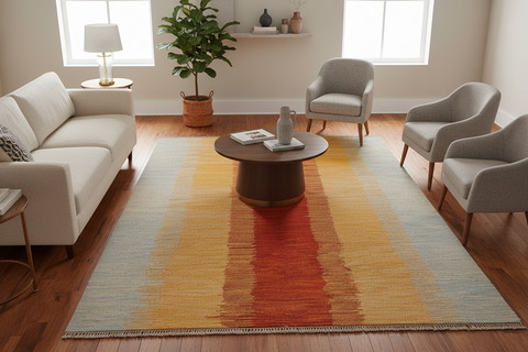 handmade Modern Kilim Rust Blue Hand-Woven RECTANGLE 100% WOOL area rug 5x7