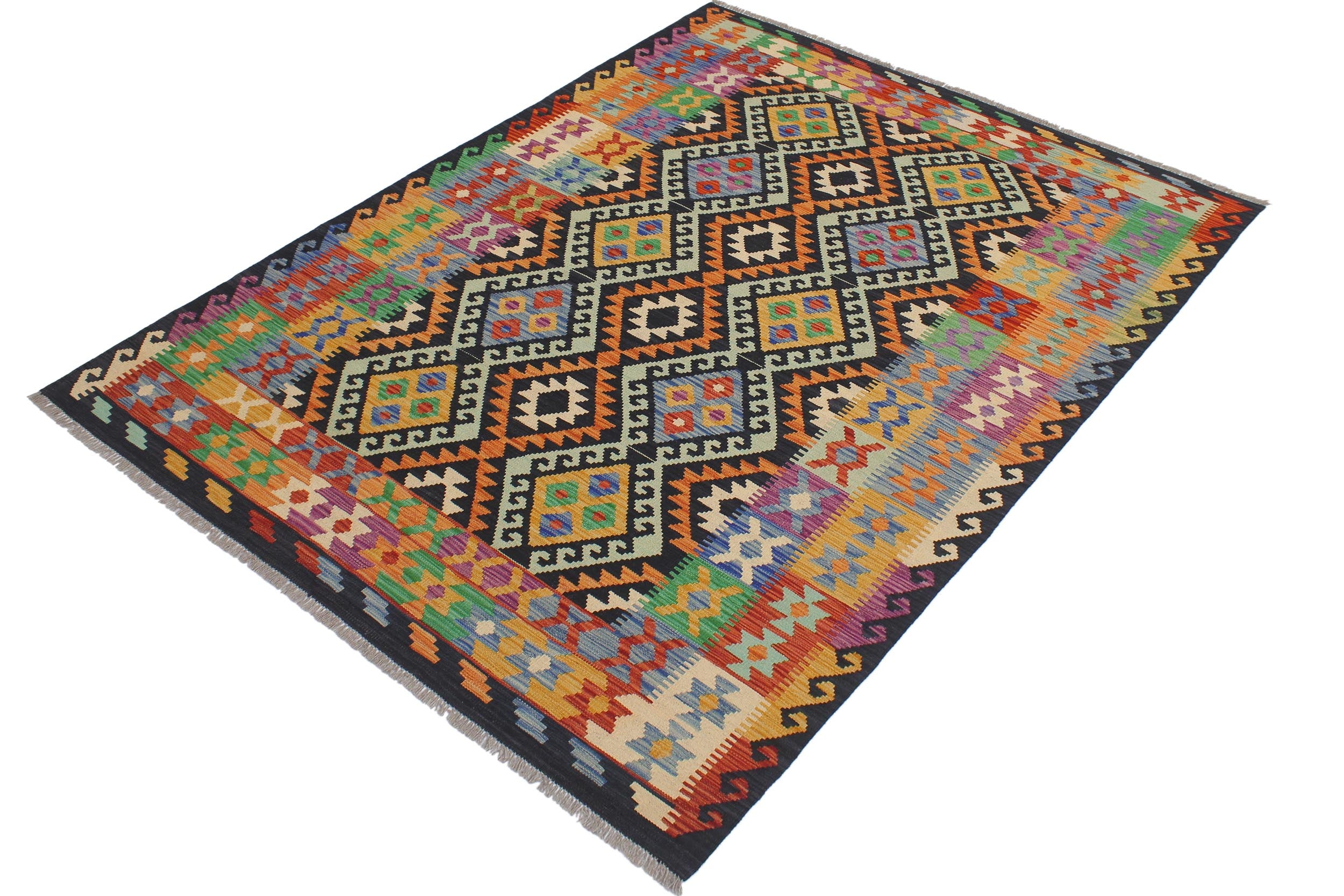 handmade Geometric Kilim Blue Gold Hand-Woven RECTANGLE 100% WOOL area rug 6 x 8