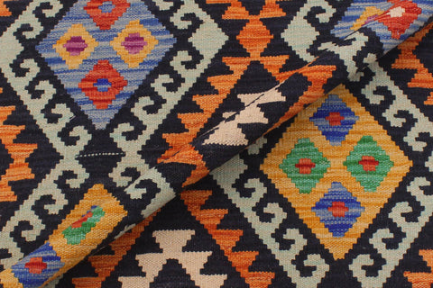 handmade Geometric Kilim Blue Gold Hand-Woven RECTANGLE 100% WOOL area rug 6 x 8