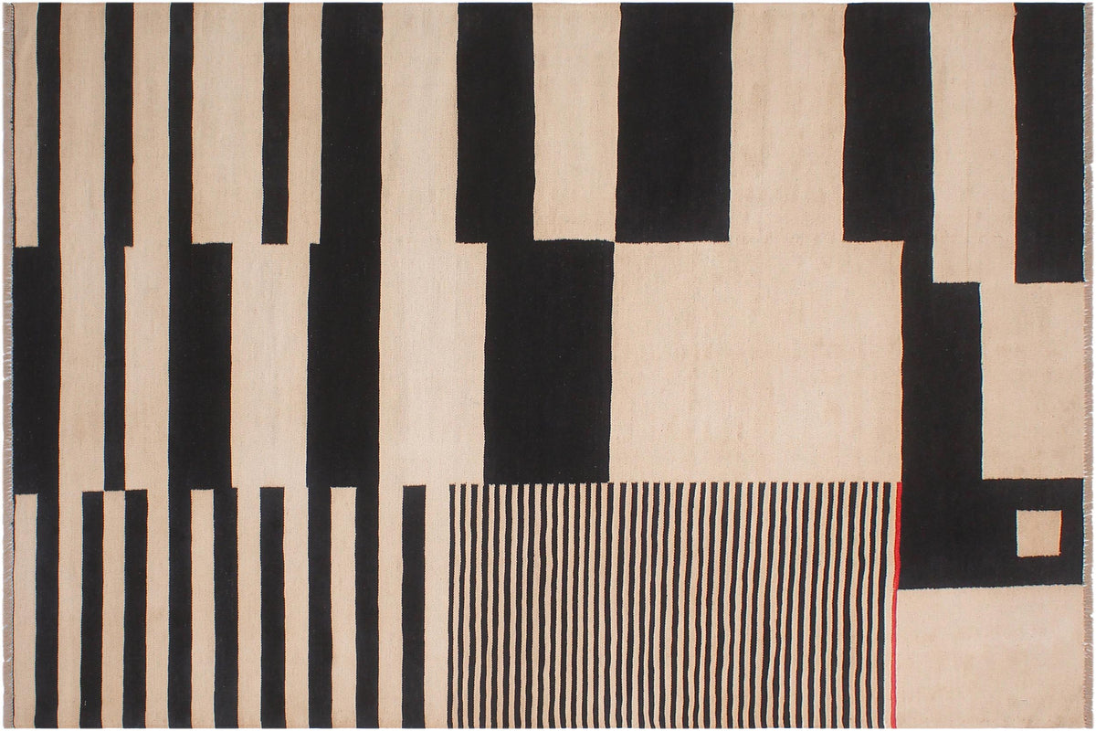 handmade Modern Kilim Ivory Black Hand-Woven RECTANGLE 100% WOOL area rug 6 x 8