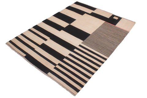handmade Modern Kilim Ivory Black Hand-Woven RECTANGLE 100% WOOL area rug 6 x 8