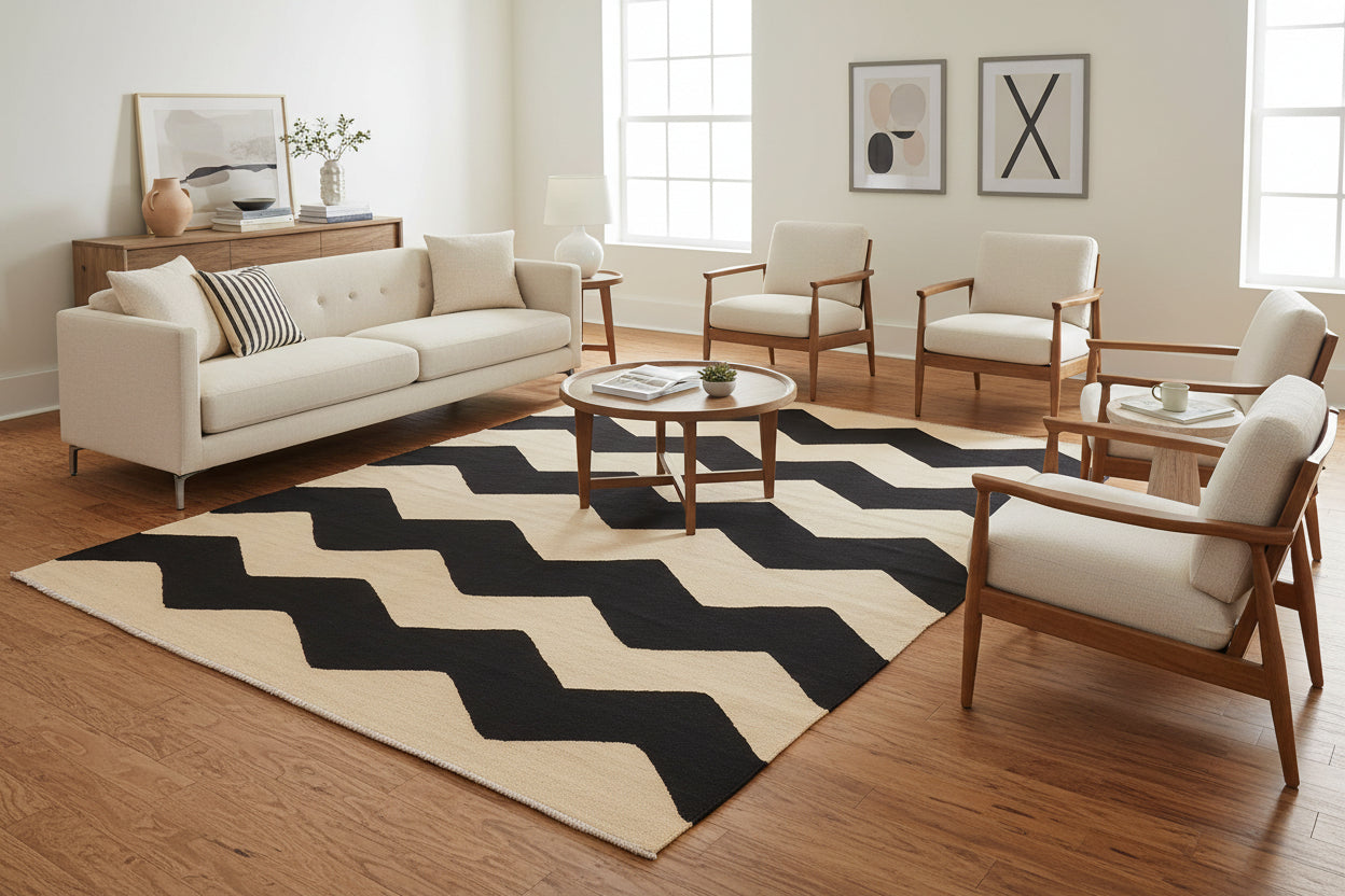 handmade Modern Kilim Beige Black Hand-Woven RECTANGLE 100% WOOL area rug 6 x 8