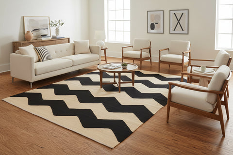 handmade Modern Kilim Beige Black Hand-Woven RECTANGLE 100% WOOL area rug 6 x 8