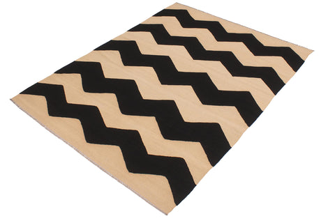 handmade Modern Kilim Beige Black Hand-Woven RECTANGLE 100% WOOL area rug 6 x 8