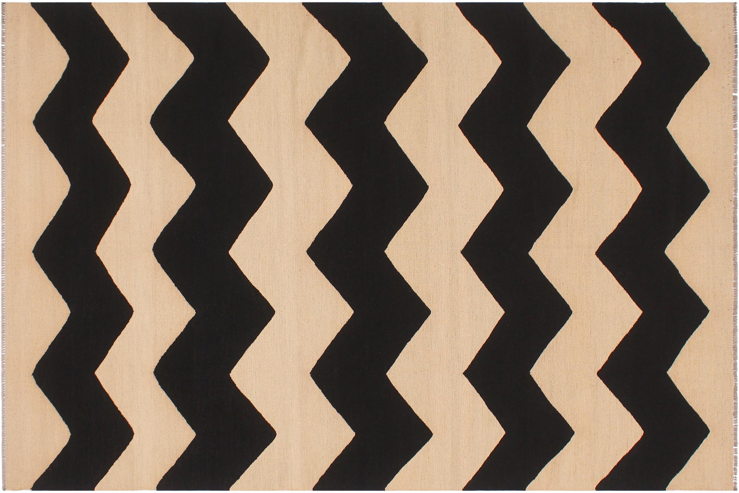 handmade Modern Kilim Beige Black Hand-Woven RECTANGLE 100% WOOL area rug 6 x 8