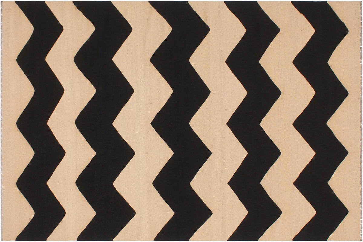 handmade Modern Kilim Beige Black Hand-Woven RECTANGLE 100% WOOL area rug 6 x 8