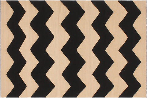 handmade Modern Kilim Beige Black Hand-Woven RECTANGLE 100% WOOL area rug 6 x 8