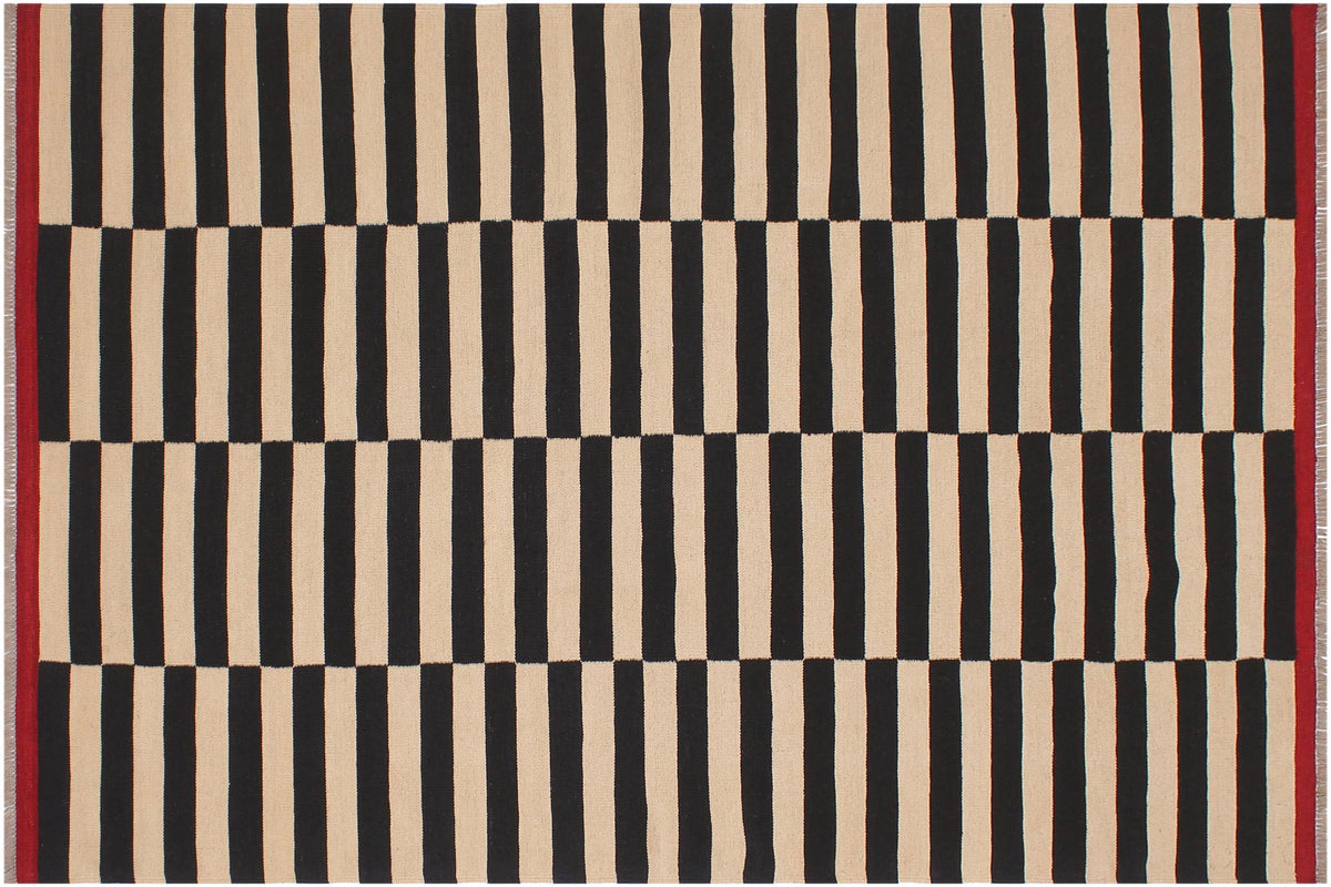 handmade Modern Kilim Beige Black Hand-Woven RECTANGLE 100% WOOL area rug 6 x 8