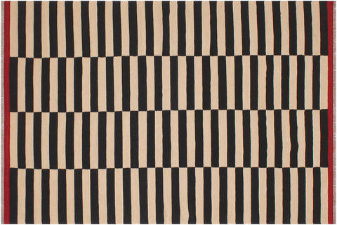 handmade Modern Kilim Beige Black Hand-Woven RECTANGLE 100% WOOL area rug 6 x 8