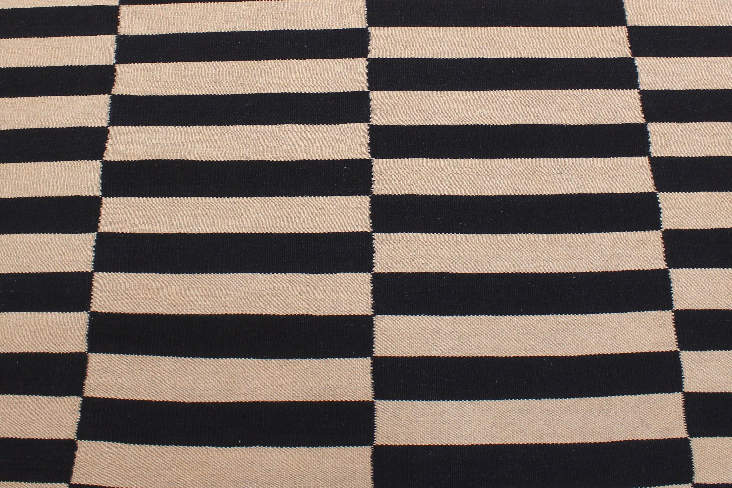 handmade Modern Kilim Beige Black Hand-Woven RECTANGLE 100% WOOL area rug 6 x 8