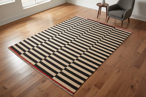 handmade Modern Kilim Beige Black Hand-Woven RECTANGLE 100% WOOL area rug 6 x 8