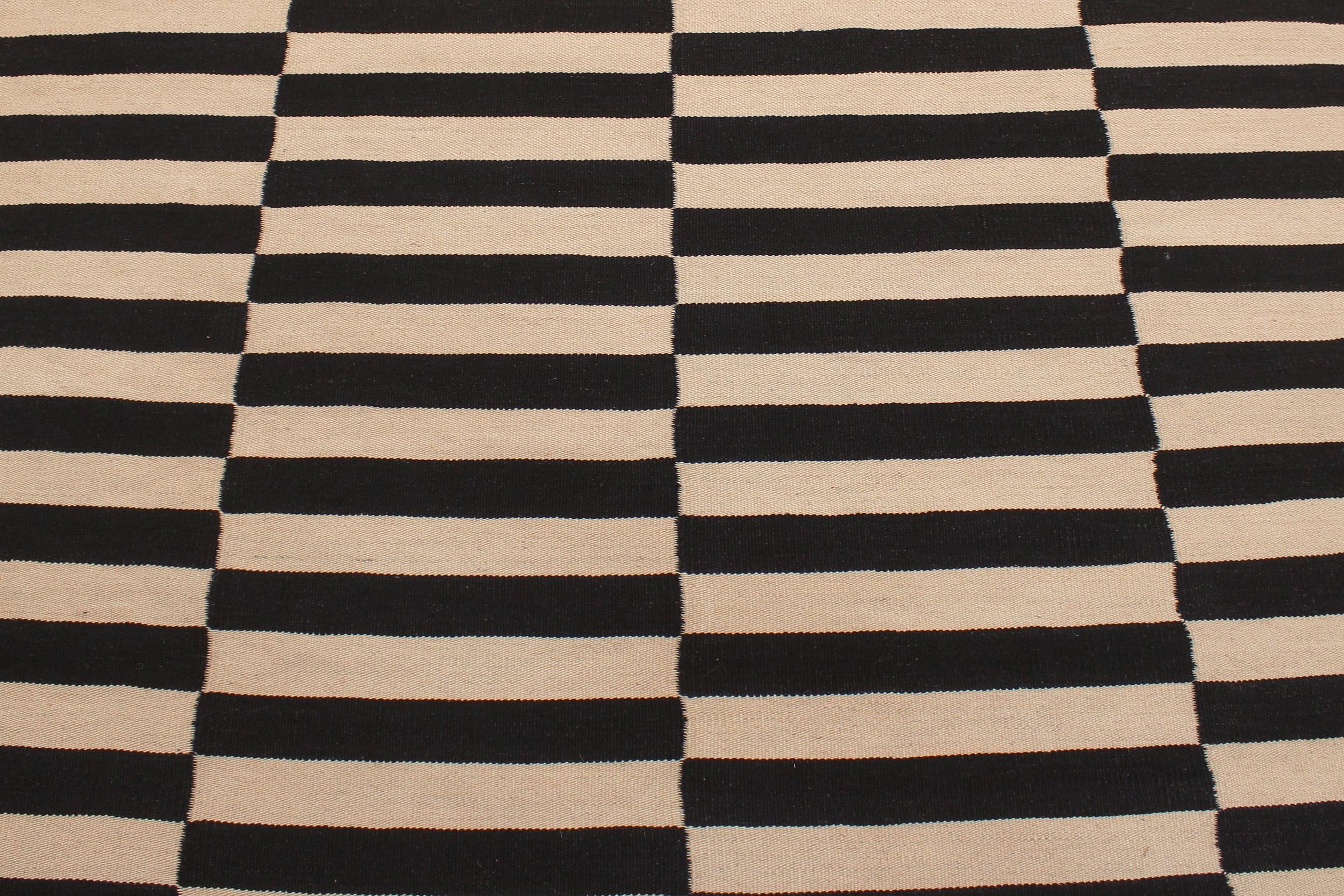 handmade Modern Kilim Beige Black Hand-Woven RECTANGLE 100% WOOL area rug 6 x 8