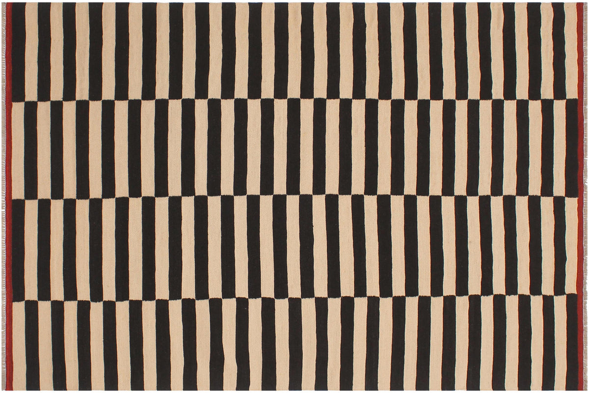 handmade Modern Kilim Beige Black Hand-Woven RECTANGLE 100% WOOL area rug 6 x 8