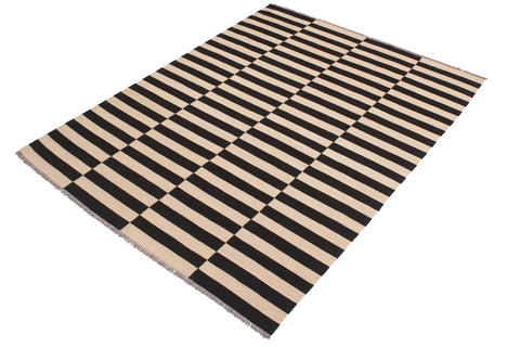 handmade Modern Kilim Beige Black Hand-Woven RECTANGLE 100% WOOL area rug 6 x 8