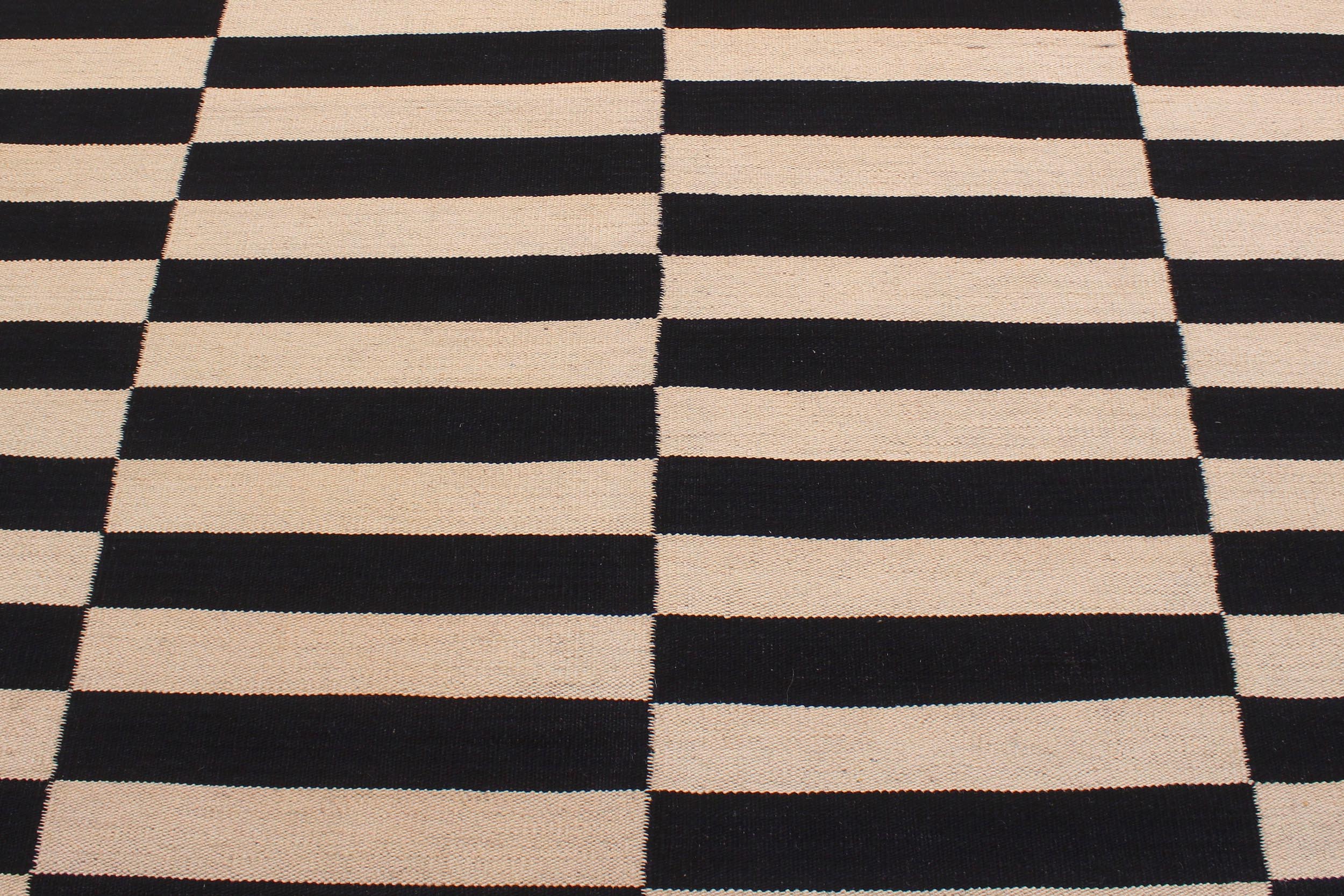 handmade Modern Kilim Beige Black Hand-Woven RECTANGLE 100% WOOL area rug 6 x 8