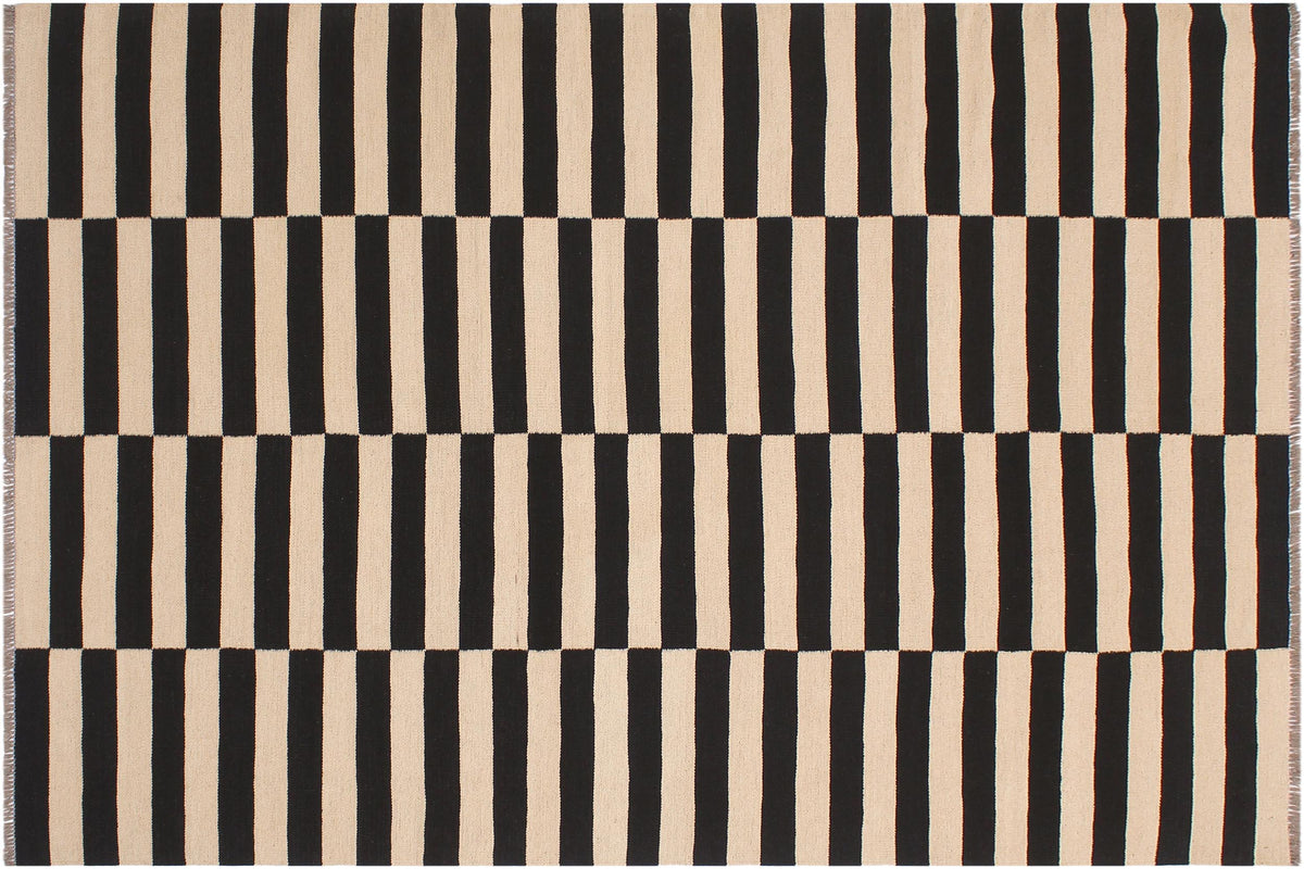 handmade Modern Kilim Beige Black Hand-Woven RECTANGLE 100% WOOL area rug 6 x 8