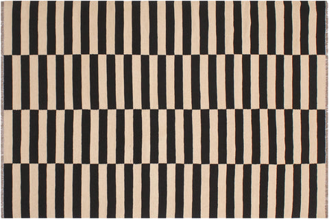 handmade Modern Kilim Beige Black Hand-Woven RECTANGLE 100% WOOL area rug 6 x 8